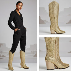 Tuhoomall Rhinestone Western Mid-Calf Boots for Women, Stylish 3.15 in Chunky Heel, Vegan Suede, Perfect for Parties and Performances