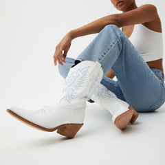 Tuhoomall Western Cowboy Boots for Women, Chunky Heel, Pointed Toe, Slip-On Design, Embroidered Detail, Casual Style, Year-Round Versatility