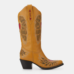 Tuhoomall Western Cowgirl Boots, Chunky Heel Slip-On, Embroidered Heart Details, Vintage Style for Year-Round Fashion Tuhoomall