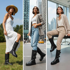 Tuhoomall Comfortable Mid-Calf Boots with Adjustable Metal Buckle for Casual Outdoor Fashion - Rubber Sole, Round Toe, All-Season