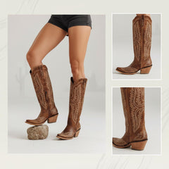 Tuhoomall Western Knee-High Cowgirl Boots with Chunky Heel and Floral Embroidery for Outdoor Fashion and Casual Wear