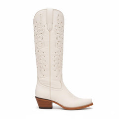 Tuhoomall White Western Boots with Embroidery and Rivets, Mid-Calf Design, Stylish for Fashion, Outdoor & Casual Wear, Comfortable 2.00 in Heel Tuhoomall