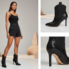 Tuhoomall Western Rhinestone Stiletto Ankle Boots, 3.54in High Heel, Slip-On Fashion for Parties and Casual Outings