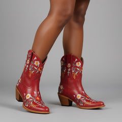 Tuhoomall Stylish Western Ankle Boots with Floral Embroidery, Rubber Sole, Chunky 5cm Heel for Classic and Casual Looks