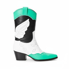Tuhoomall Colorful Metallic Western Mid Calf Boots with Embroidery, Pointed Toe, Comfort Block Heel for Casual Wear