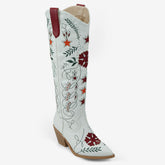 Tuhoomall Western Cowboy Knee-High Boots with Floral Embroidery, Chunky Heels for Fashion, Outdoor and Casual Wear, Unique Hollow Design, All-Season Ready