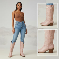 Tuhoomall Western Knee High Boots With Rubber Sole, 5cm Chunky Heel, Embroidered Sweet Pink Hearts For Casual Fashion All Year Round