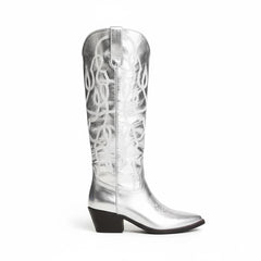 Tuhoomall Silver Metallic Knee High Western Boots for Women with Block Heel, Stylish Embroidered Full-Grain Leather, Easy Pull-On, Perfect for Casual Fashion