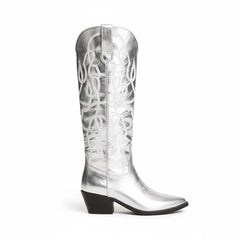 Tuhoomall Silver Metallic Knee High Western Boots for Women with Block Heel, Stylish Embroidered Full-Grain Leather, Easy Pull-On, Perfect for Casual Fashion Tuhoomall