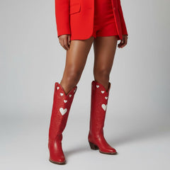 Tuhoomall Western Knee High Boots With Rubber Sole, 5cm Chunky Heel, Embroidered Sweet Pink Hearts For Casual Fashion All Year Round