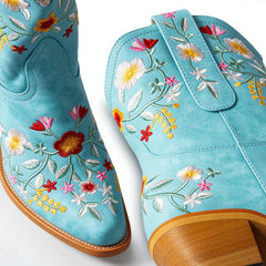 Tuhoomall Stylish Western Ankle Boots with Floral Embroidery, Rubber Sole, Chunky 5cm Heel for Classic and Casual Looks
