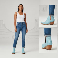 Tuhoomall Stylish Women's Ankle Boots, Chunky 2.36 in Heel, Slip-On Design, Embroidered Details, All-Season Fashion