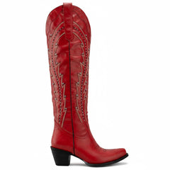 Tuhoomall Western Knee-High Boots with Studs and Rhinestones, Low Chunky Heel 2.25 in, All-Season Fashionable Casual Footwear