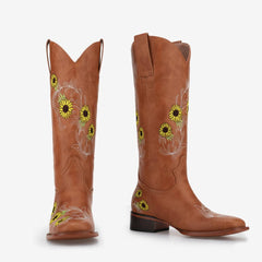 Tuhoomall Comfortable Floral Embroidered Chunky Heel Mid Calf Cowboy Boots - Slip-On Design, 3.8cm Heel for All Seasons