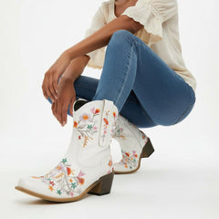 Tuhoomall Stylish Western Ankle Boots with Floral Embroidery, Rubber Sole, Chunky 5cm Heel for Classic and Casual Looks