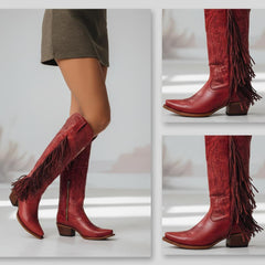 Tuhoomall Fringe Western Knee High Boots for Women, Soft Vegan Suede, Embroidered Design, Perfect for Vintage, Casual, and Party Wear