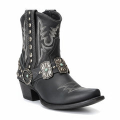 Tuhoomall Western Ankle Booties, Chunky Heel, Snip-Toe, Studded & Embroidered, All-Season Wear for Parties and Performances