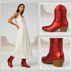 Tuhoomall Western Ankle Boots with Embroidered Pattern, 5cm Chunky Heel, Slip-On Design for Fashion and Travel, Durable Synthetic Fabric Lining