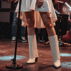 Tuhoomall Western Cowboy Boots For Women, Mid-Calf Foldable Design, Trendy Geometric Pattern, Chunky Heel, Sparkling Studs, Perfect For Outdoor Fashion