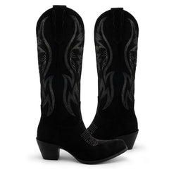 Tuhoomall Western Embroidered Pointed Toe Chunky Heel Slip-On Mid Calf Boots for Women, Retro Casual Style, Perfect for Weddings and Everyday Wear