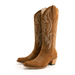 Tuhoomall Western Embroidered Pointed Toe Chunky Heel Slip-On Mid Calf Boots for Women, Retro Casual Style, Perfect for Weddings and Everyday Wear