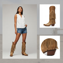 Tuhoomall Western Knee-High Cowboy Boots, Chunky Heel, Fringe & Studs, Retro Style, Casual Wear, All Seasons