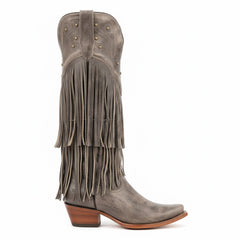 Tuhoomall Western Knee-High Cowboy Boots, Chunky Heel, Fringe & Studs, Retro Style, Casual Wear, All Seasons