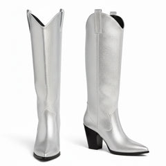 Tuhoomall Western Knee-High Boots for Women, Slip-On High Heels 3.74in, Metallic Finish, Fashion-Forward Design, Perfect for Performances and Street Style
