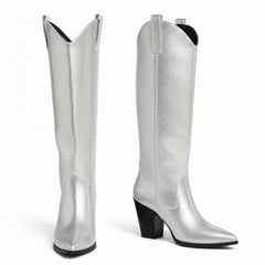 Tuhoomall Western Knee-High Boots for Women, Slip-On High Heels 3.74in, Metallic Finish, Fashion-Forward Design, Perfect for Performances and Street Style Tuhoomall