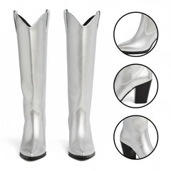 Tuhoomall Western Knee-High Boots for Women, Slip-On High Heels 3.74in, Metallic Finish, Fashion-Forward Design, Perfect for Performances and Street Style