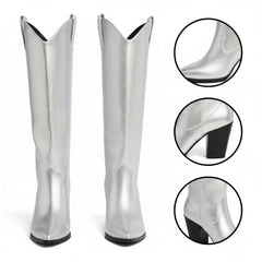 Tuhoomall Western Knee-High Boots for Women, Slip-On High Heels 3.74in, Metallic Finish, Fashion-Forward Design, Perfect for Performances and Street Style Tuhoomall