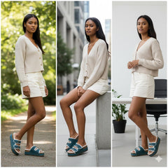 Tuhoomall Blue Faux Suede Fur-Lined Studs Double Buckle Strap Round Platform Cork Sandals Slippers