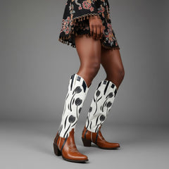 Tuhoomall Western Style Mid Calf Boots With Floral Embroidery - Casual Fashion Footwear For Travel And Parties, 2.00 In Heel, Snip Toe Design