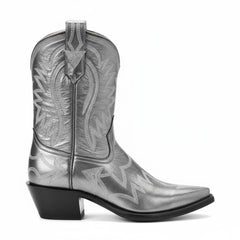 Tuhoomall Metallic Western Ankle Boots for Women - Stylish Slip-On Design with Embroidered Floral Pattern, Casual All-Season Footwear