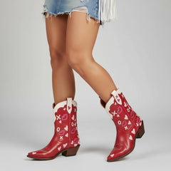 Tuhoomall Western Ankle Boots for Women, 5.5cm Heeled Slip-On, Geometric Pattern with Embroidery, Casual Stylish Mid-Calf Footwear for All Seasons