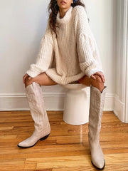 Tuhoomall Western Mid Calf Boots for Women, Embroidered Pointed Toe, Chunky Heel, Slip-On Design for Casual Style