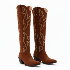 Tuhoomall Western Knee-High Boots with Elegant Embroidery, Stylish Mid Heel for Casual and Office Wear, Durable Faux Suede Leather, All-Season Fashion