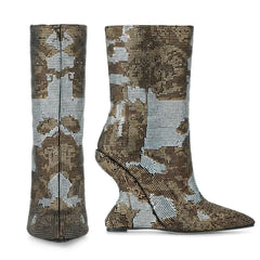 Tuhoomall Wedges Ankle Boots for Parties and Performances with Shimmering Rhinestones and Irregular High Heels Tuhoomall