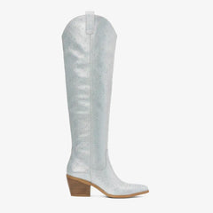 Tuhoomall Western Over-Knee Cowboy Boots With Chunky Heel, Rhinestone-Studded Vegan Leather, Casual All-Season Style, Round Toe, Zipper Closure Tuhoomall