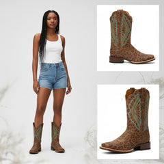 Tuhoomall Western Mid Calf Boots For Women, Chunky Heel, Square Toe, Embroidered Design, Slip-On, Fashion Casual, All Season, Rubber Sole