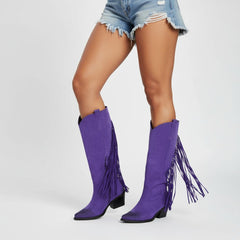 Tuhoomall Western Style Mid-Calf Boots with Tassels, Casual Fashion Footwear, Chunky Heel, Faux Suede, Zipper Closure, All-Season Design
