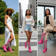 Tuhoomall Chunky Heel Western Rhinestone Booties with Fringes for Fashion Events, Pointed Toe, Slip-On Style, All-Day Comfort, Eye-Catching Design