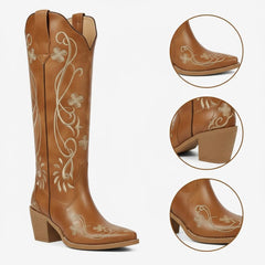 Tuhoomall Tuhoomall Western Knee-High Boots for Women, Floral Embroidered Design, Perfect for Parties, Office, and Casual Wear, 7.5 cm Classic Mid Chunky Heel