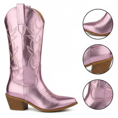 Tuhoomall Western Chunky Heel Women's Cowboy Boots, Comfortable Slip-On, Retro Embroidered Design, Non-Slip Sole for Travel and Casual Wear