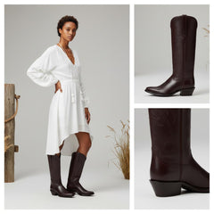 Tuhoomall Western Style Knee-High Boots, Embroidered Vegan Leather, 5.5cm Chunky Heel, Fashion Casual for All Seasons