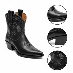 Tuhoomall Western Cowboy Ankle Boots for Women, Vegan Leather, Chunky 2" Heel, Snip Toe Design, Stylish Star Appliqué, All-Season Fashion