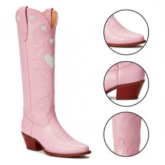 Tuhoomall Western Knee High Boots With Rubber Sole, 5cm Chunky Heel, Embroidered Sweet Pink Hearts For Casual Fashion All Year Round