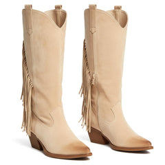 Tuhoomall Western Style Mid-Calf Boots with Tassels, Casual Fashion Footwear, Chunky Heel, Faux Suede, Zipper Closure, All-Season Design