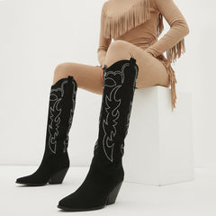 Tuhoomall Western Mid Calf Boots With Floral Embroidery And Rhinestones, Casual Style For Parties And Travel, Comfortable Rubber Sole, Chunky Heel 3.00 in