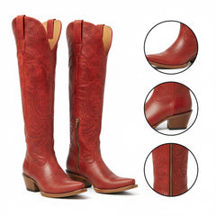 Tuhoomall Western Knee High Boots with Embroidered Design, 2.25 Inch Chunky Heel, Perfect for Fashion, Travel, Parties and Everyday Wear